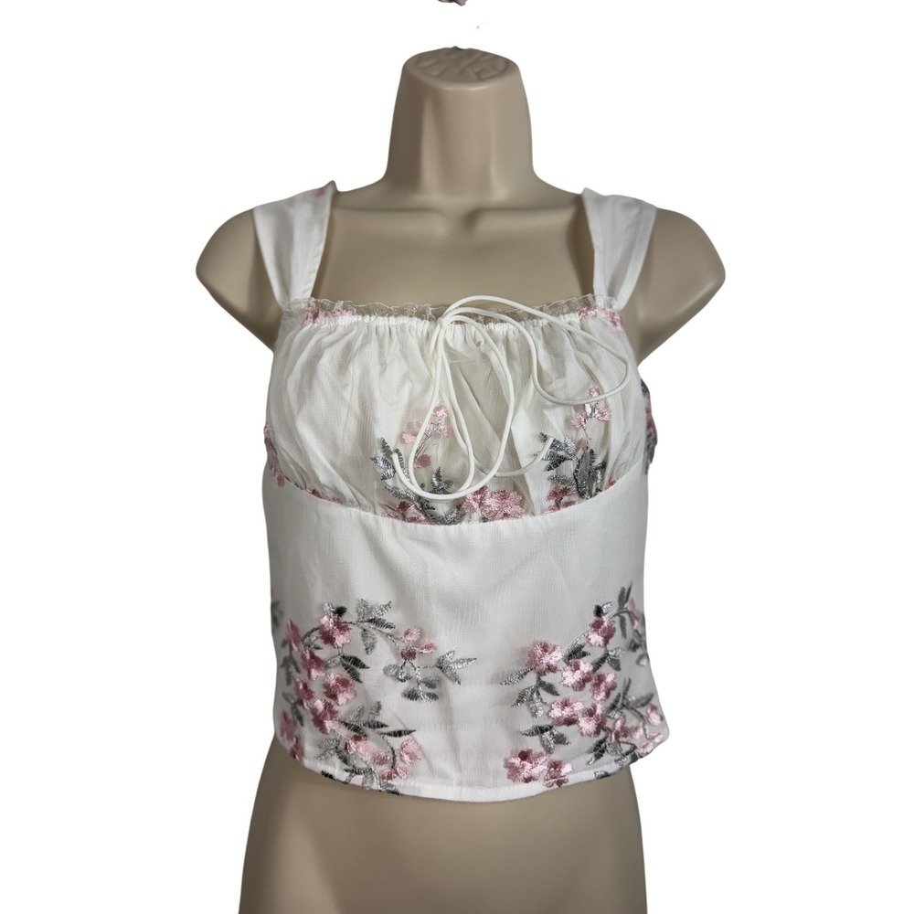 Women's Crop Top S White Pink Floral Embroidered Milkmaid Bustier Boho Shein